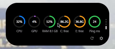 The PC page with gauges for CPU, GPU, RAM, drives and ping
