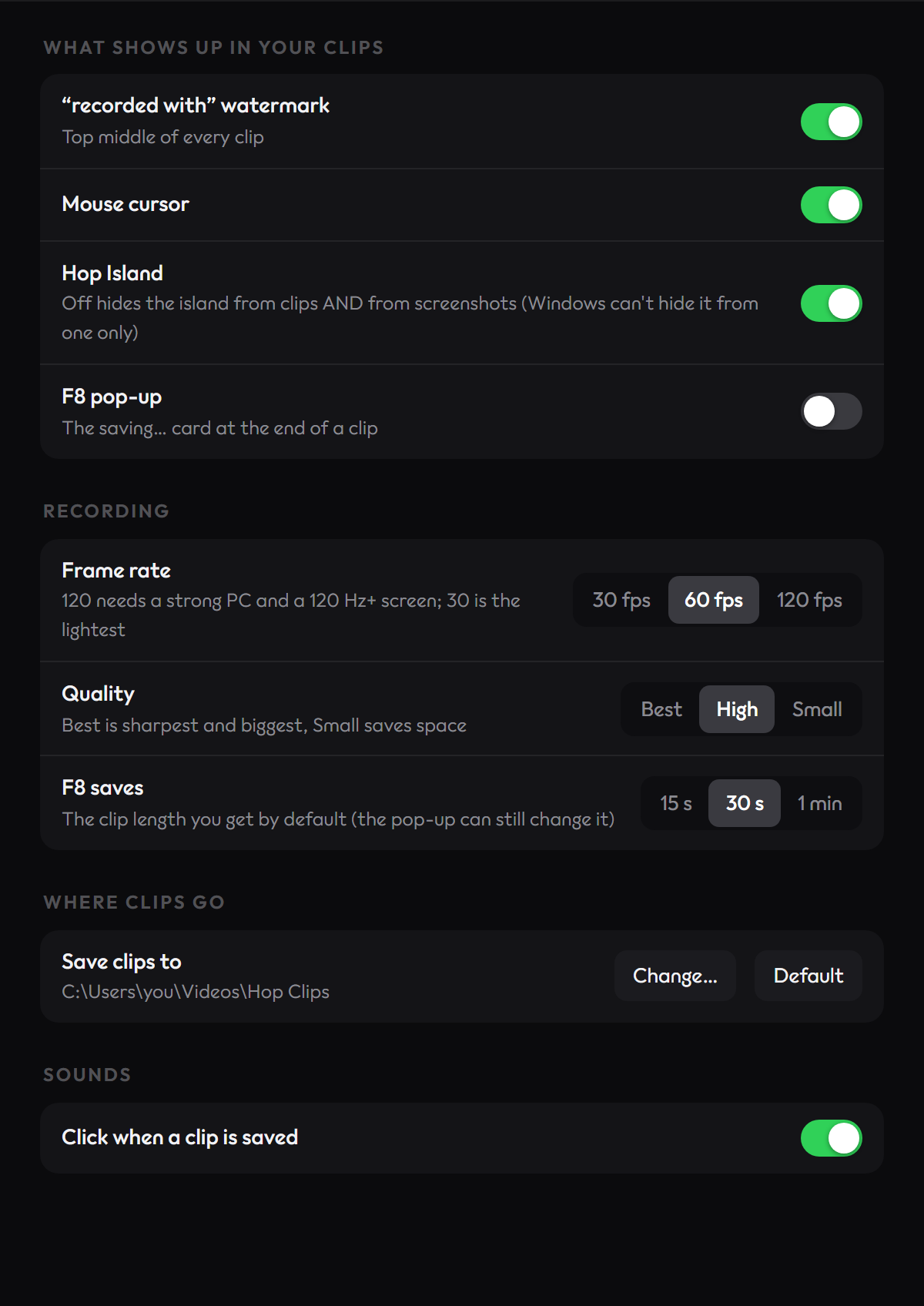 The Clipper tab of the settings app