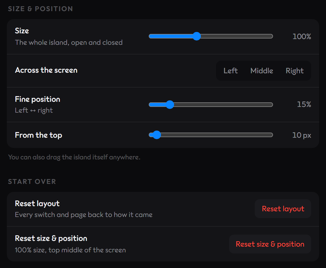 The Size and position and Start over sections of the settings app